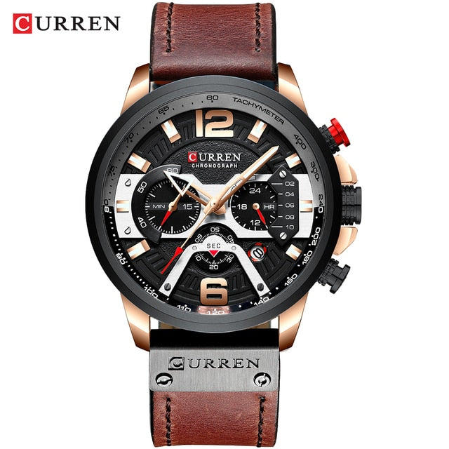 Military chronograph leather watch with brown strap black dial and rose gold case from My Store