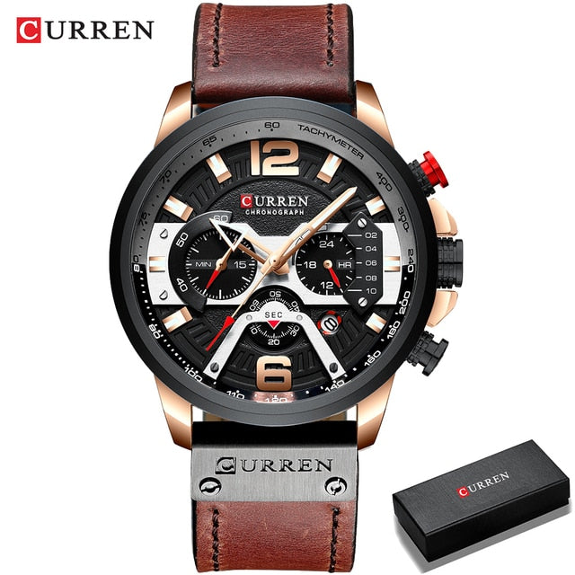 Curren military chronograph leather watch with brown strap and black dial featuring multiple subdials