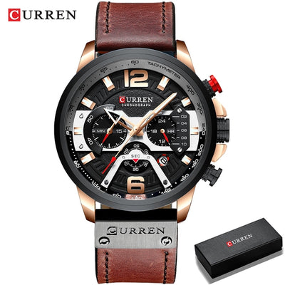 Curren military chronograph leather watch with brown strap and black dial featuring multiple subdials