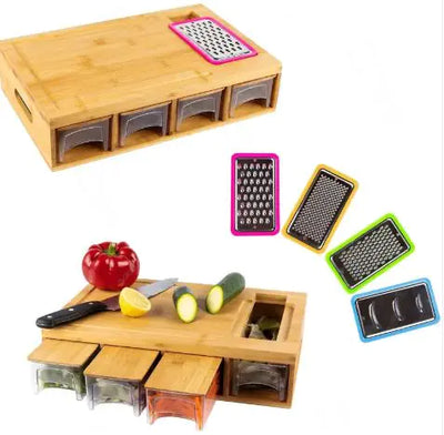 Wooden cutting board with knife and grater attachments on a white background