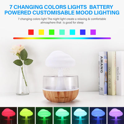 Desktop rain cloud humidifier with 7 changing colors and battery powered customizable mood lighting