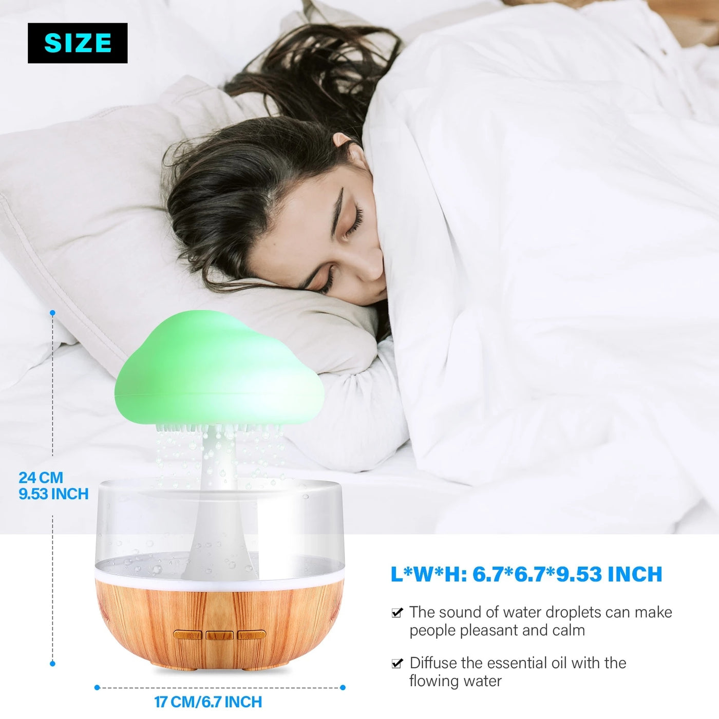 desktop rain cloud humidifier with green cloud design and wooden base next to sleeping woman