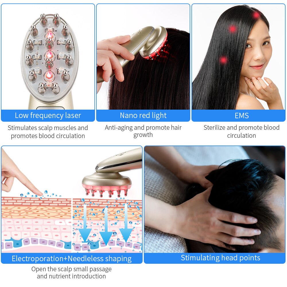 Laser hair regrowth device with low frequency laser, nano red light, EMS, and scalp stimulation features