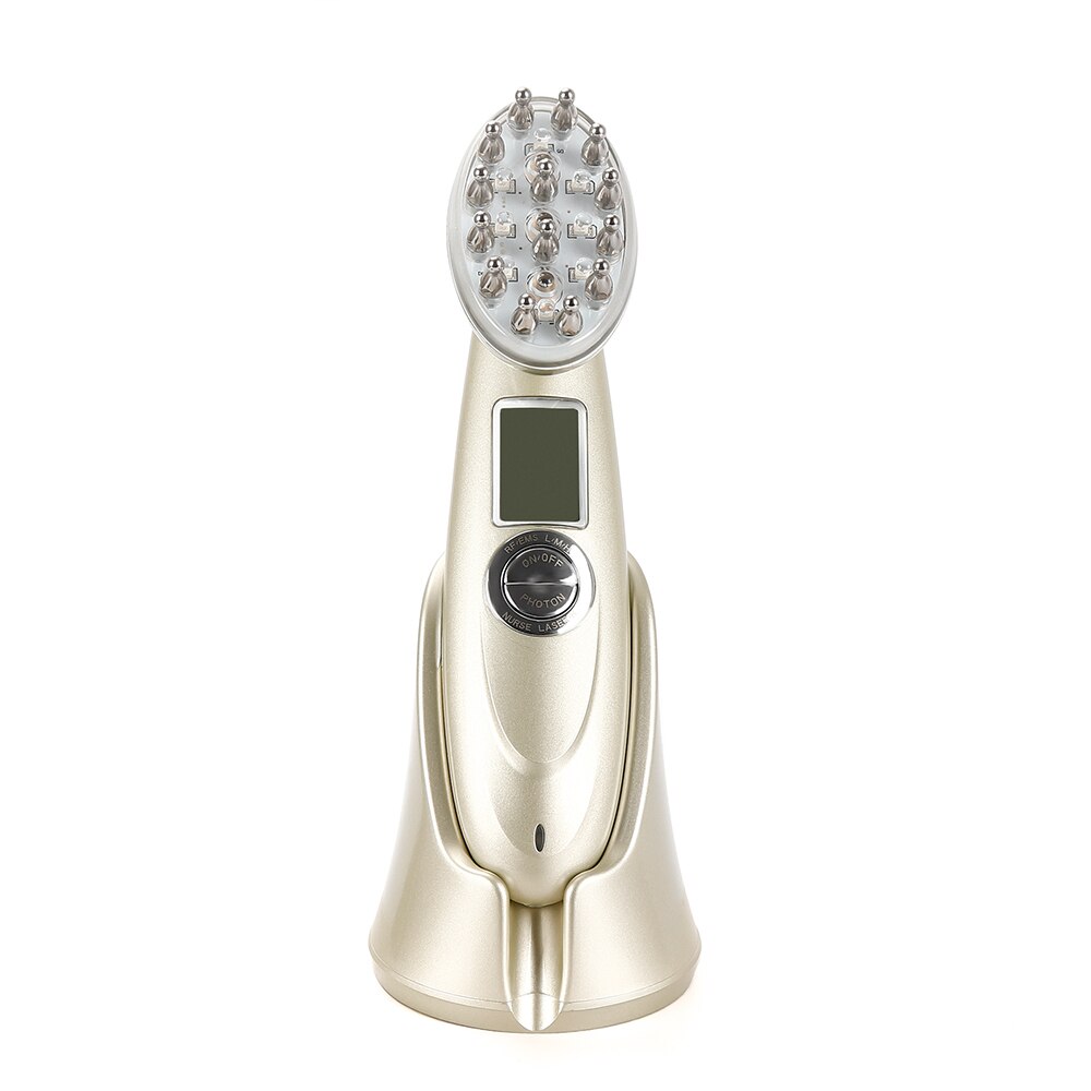 Gold laser hair regrowth device with digital screen and metal treatment nodes on white background
