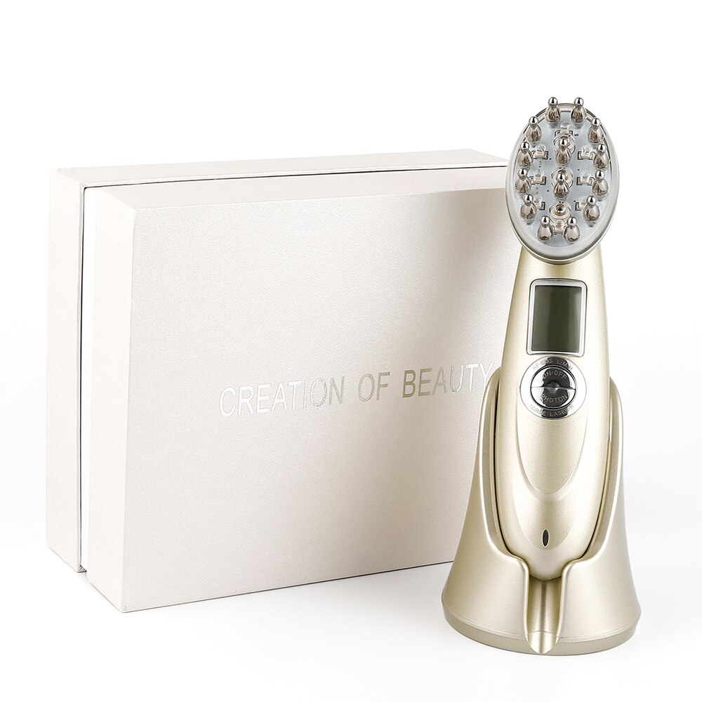 Laser hair regrowth device with digital display and massage nodes next to elegant white packaging box