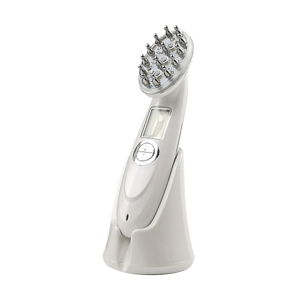 White laser hair regrowth device with ergonomic handle and LED display on charging stand