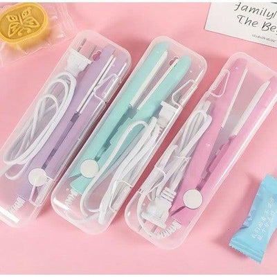 Set of pastel-colored mini ceramic hair straightener devices neatly stored in clear plastic cases