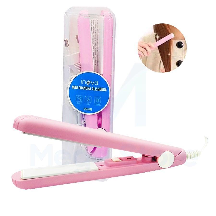 Pink mini ceramic hair straightener with compact design and white ceramic plates for travel and styling