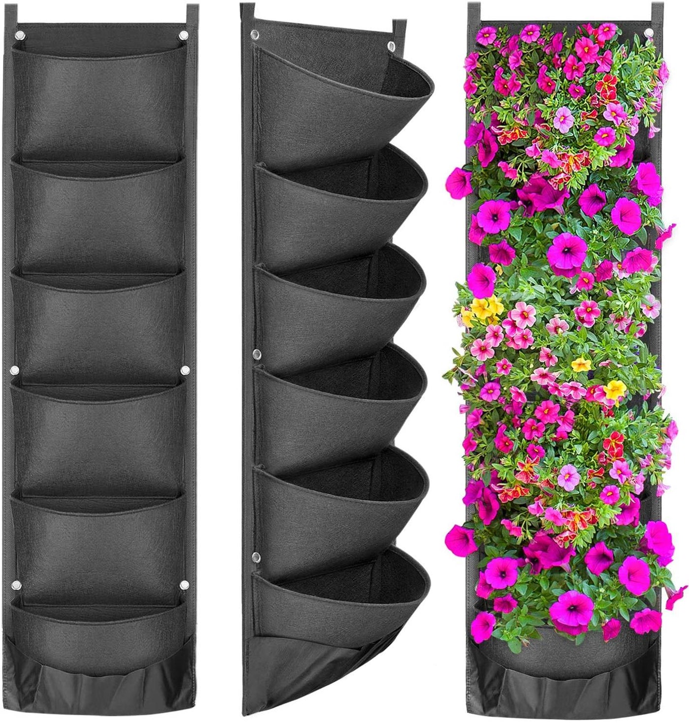 Black vertical garden wall planter with five pockets shown empty and filled with vibrant pink and yellow flowers