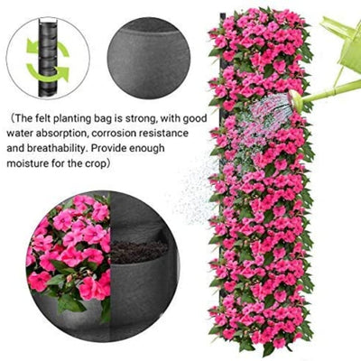 Vertical garden wall planter with pink flowers and the watering feature showing felt planting bag details