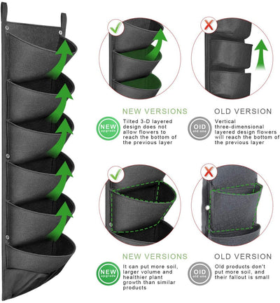 Black vertical garden wall planter with tilted 3D layered pockets showing new version benefits versus old design