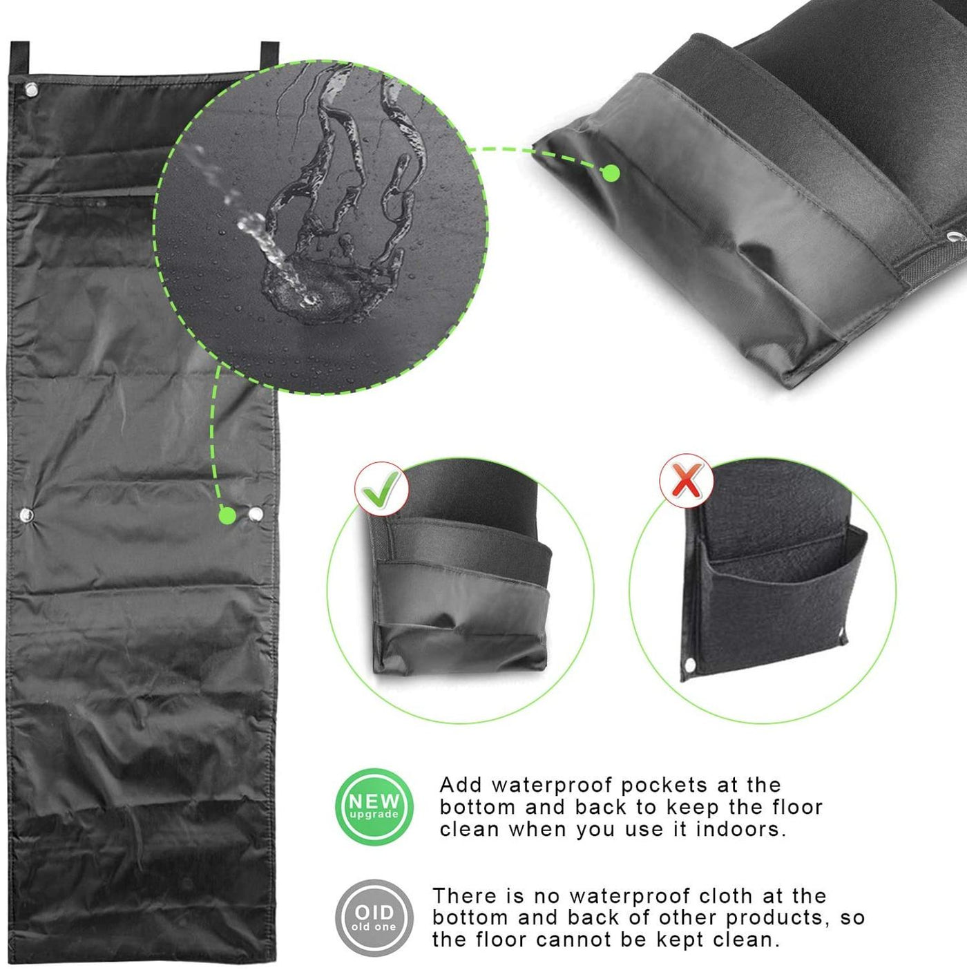 Black vertical garden wall planter with waterproof pockets to keep floors clean indoors