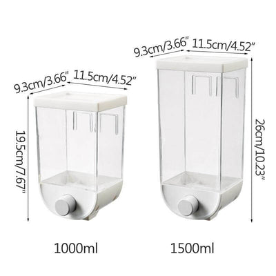 Clear plastic wall mounted grain dispenser available in 1000ml and 1500ml sizes with white lids and knobs