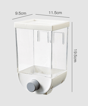 Compact wall mounted grain dispenser with clear container and white base for easy dispensing
