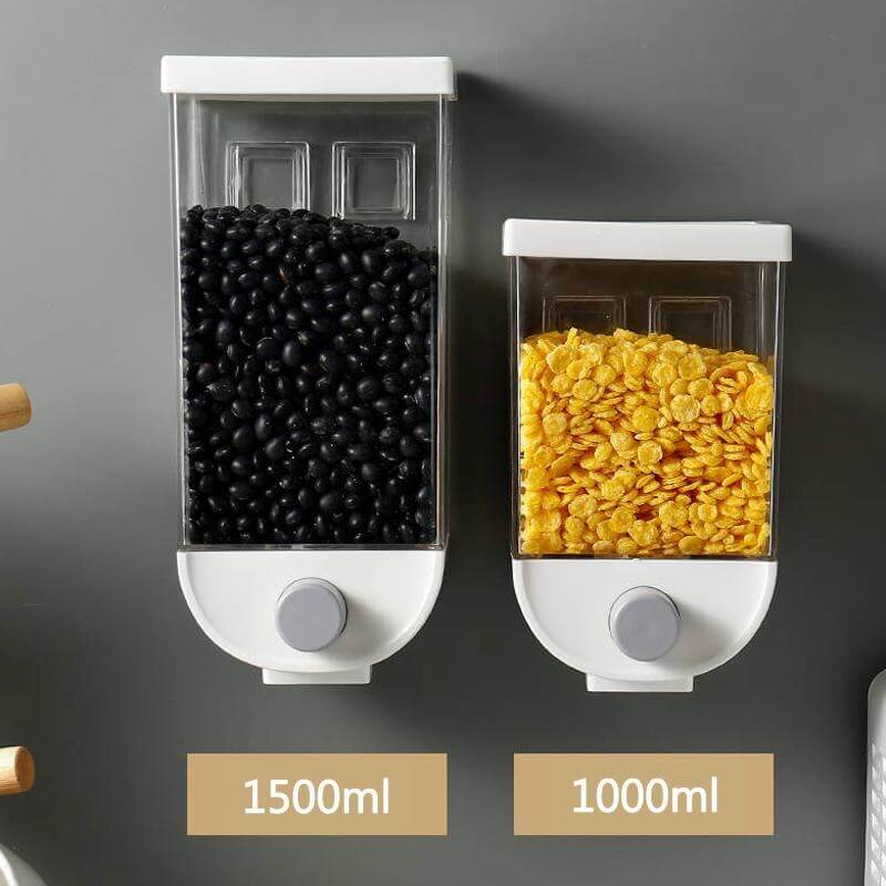 Wall mounted grain dispenser set with 1500ml and 1000ml capacity containers for black beans and yellow cornflakes