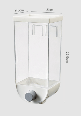 Clear plastic wall mounted grain dispenser with white top and bottom and gray dispensing knob