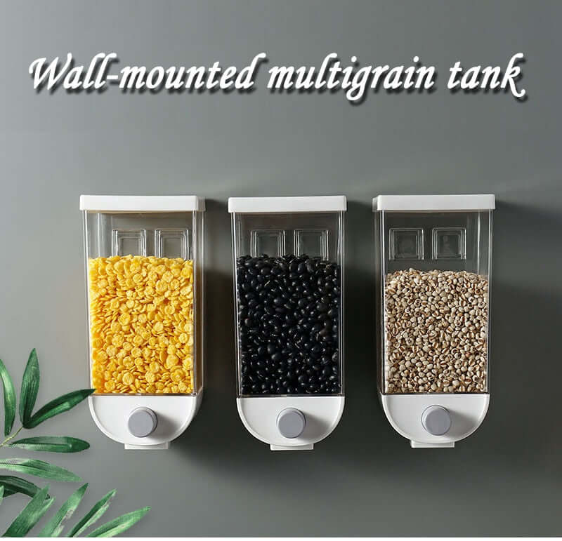 Wall mounted grain dispenser set with three clear containers holding cornflakes black beans and grains