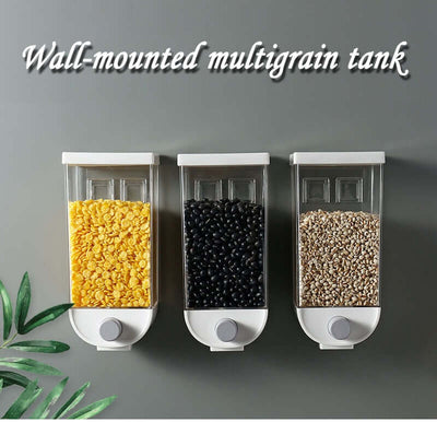 Wall mounted grain dispenser set with three clear containers holding cornflakes black beans and grains