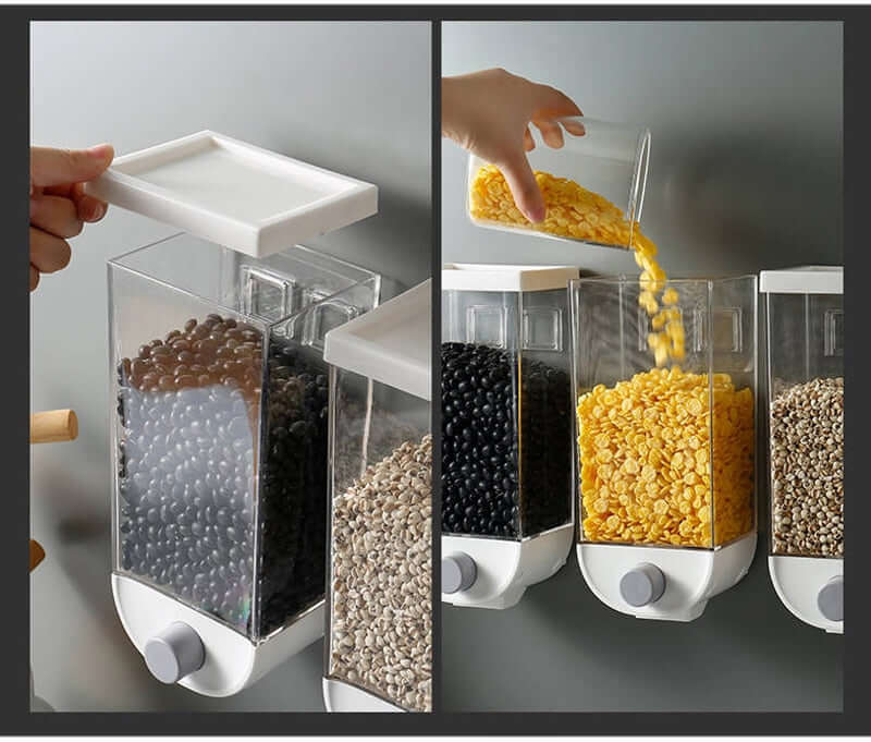 Wall mounted grain dispenser set with multiple compartments storing beans, corn flakes, and grains