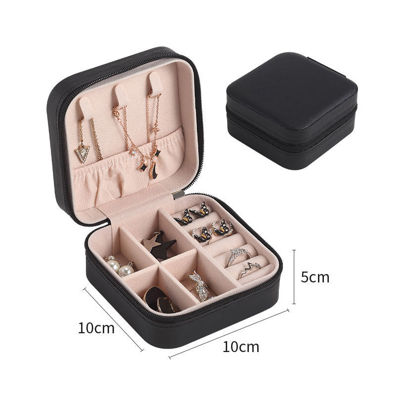 Compact black Jewelry Zipper Box Storage with multiple compartments and hanging hooks for organizing jewelry
