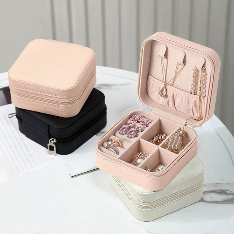 Jewelry Zipper Box Storage with compartments and hanging hooks for organizing rings earrings and necklaces