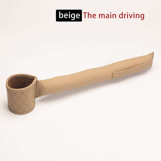 Beige leather car seat gap filler with cup holder for organizing car interior and preventing item loss