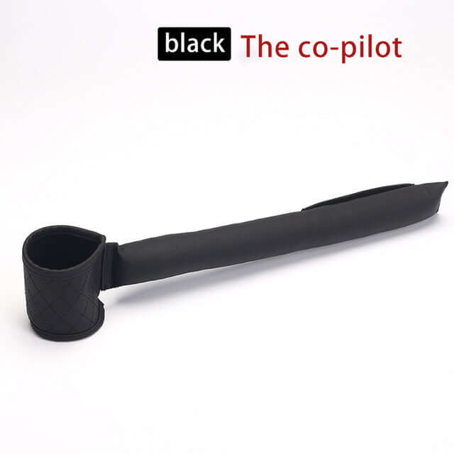 Black leather car seat gap filler with quilted design and extended pocket for car storage