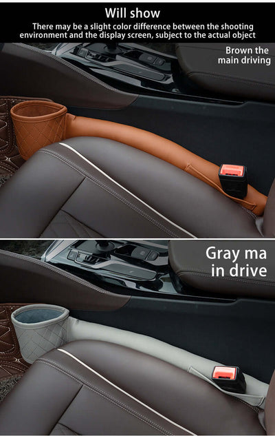Brown and gray leather car seat gap filler installed next to car seats beside the center console
