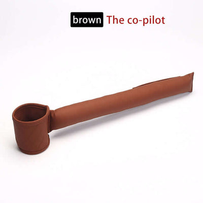 Brown leather car seat gap filler with cup holder to prevent items dropping between seats