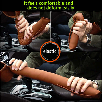 Brown leather car seat gap filler shown being stretched and installed between car seat and console