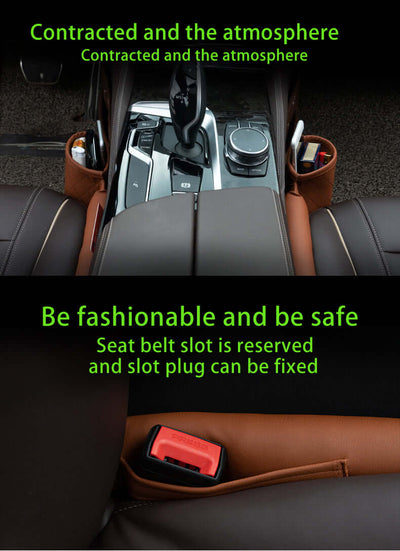 Leather car seat gap filler installed between car seats to prevent items from falling and keep seat belt slot accessible