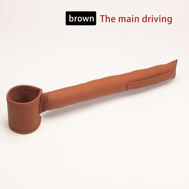 Brown leather car seat gap filler with cup holder for organized and clutter-free car interior
