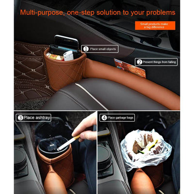 Leather car seat gap filler in brown with storage pocket for small items and ashtray function