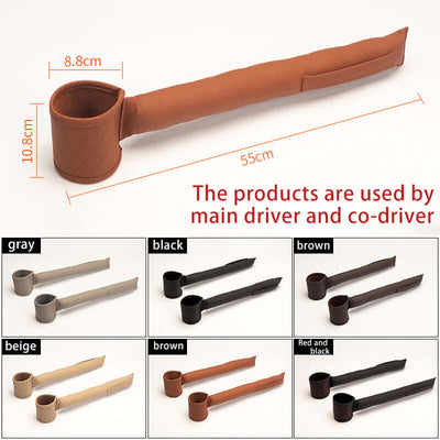 Brown leather car seat gap filler with cup holder and storage pocket measuring 55 cm long