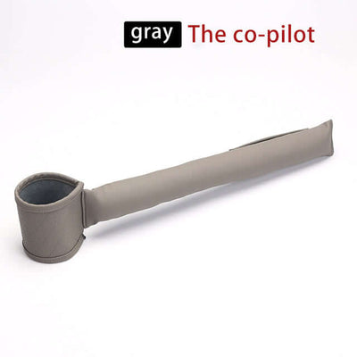 Gray leather car seat gap filler with cup holder to prevent items from falling between seats