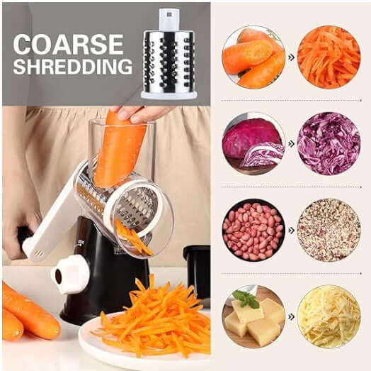 Manual kitchen grater with coarse shredding attachment grating carrots into thin strips for cooking