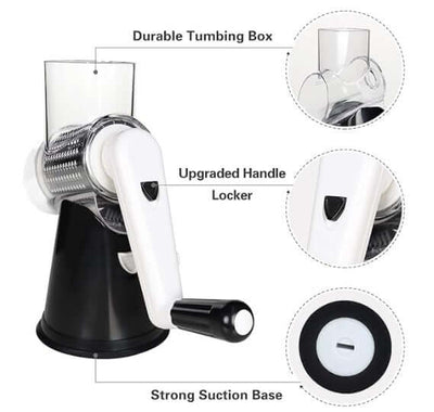 Manual kitchen grater with durable tumbler box, upgraded handle locker, and strong suction base in black and white