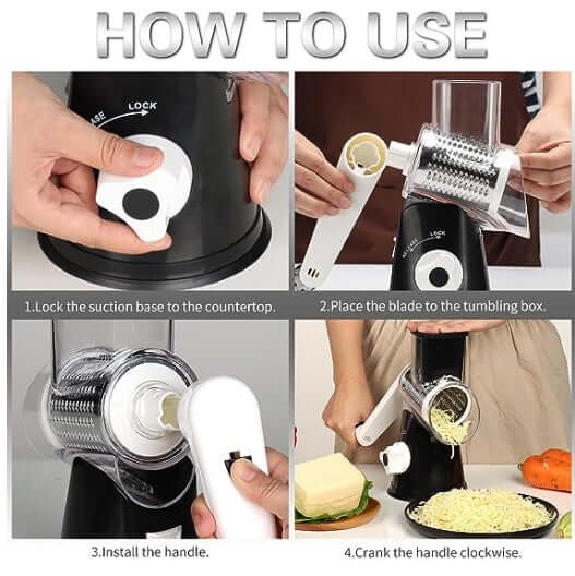 Step-by-step guide showing how to assemble and use a manual kitchen grater with suction base and crank handle