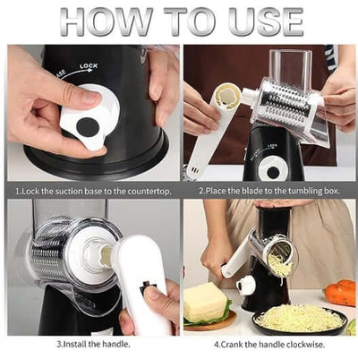 Step-by-step guide showing how to assemble and use a manual kitchen grater with suction base and crank handle