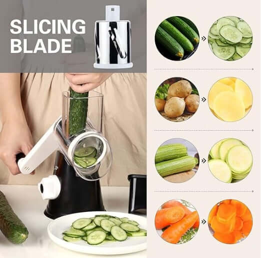 Manual kitchen grater with slicing blade for cucumbers potatoes zucchini and carrots in kitchen use