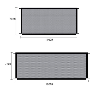 Dimensions diagram of portable pet safety gate showing two sizes 110 by 72 cm and 180 by 72 cm