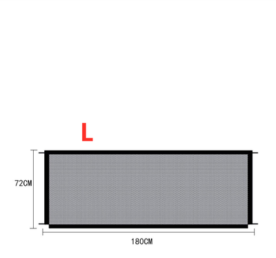Portable pet safety gate measuring 180 cm wide and 72 cm tall in black mesh design