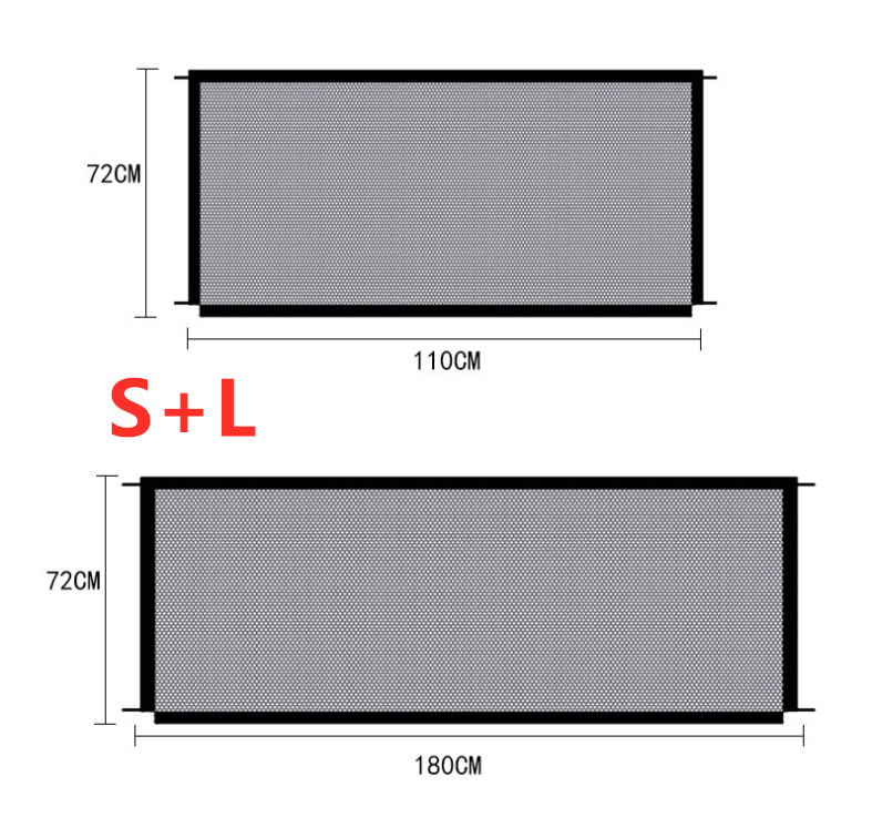 Dimensions diagram for portable pet safety gate showing small and large mesh panel sizes
