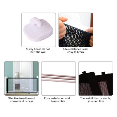 Portable pet safety gate with sticky hooks, bite-resistant mesh, easy installation, and secure fit for doorways