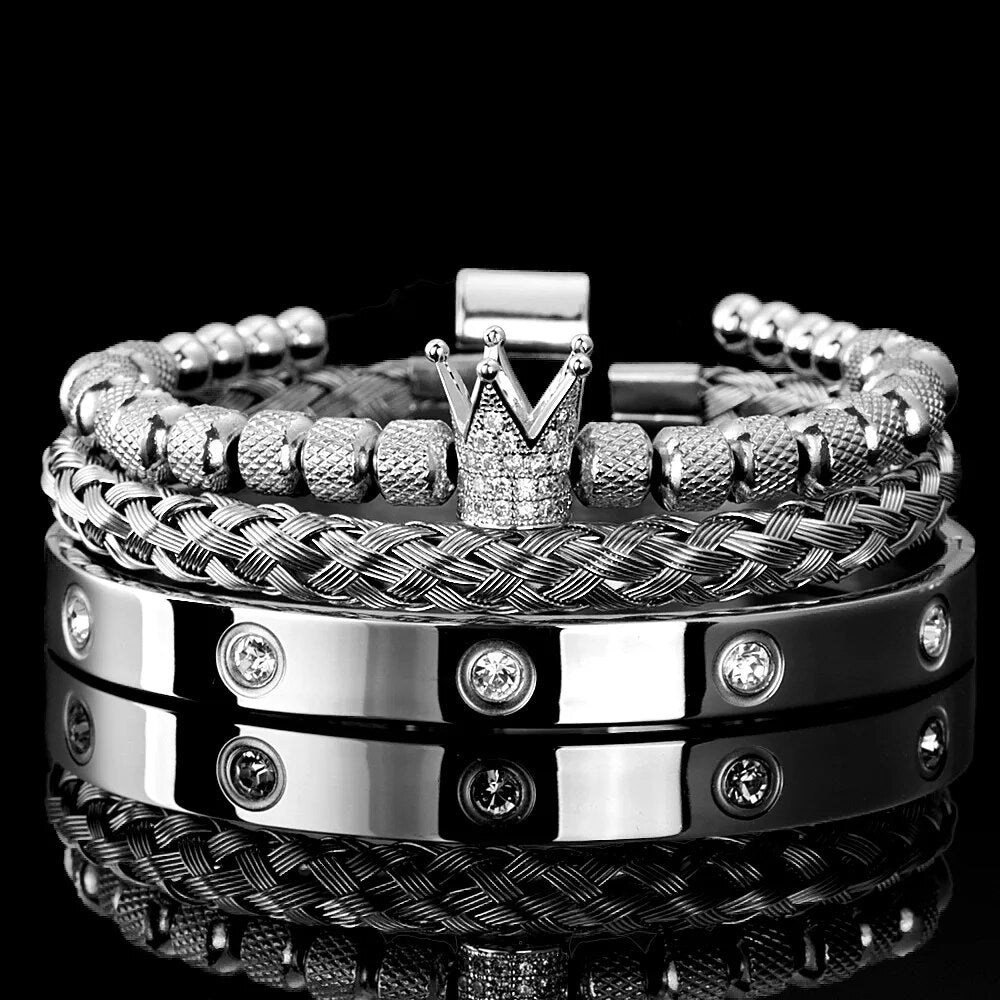Set of stainless steel Roman bracelets including braided, beaded, and crown charm designs