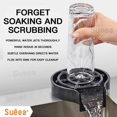 kitchen sink cup washer with powerful water jets rinsing a glass upside down for easy cleanup