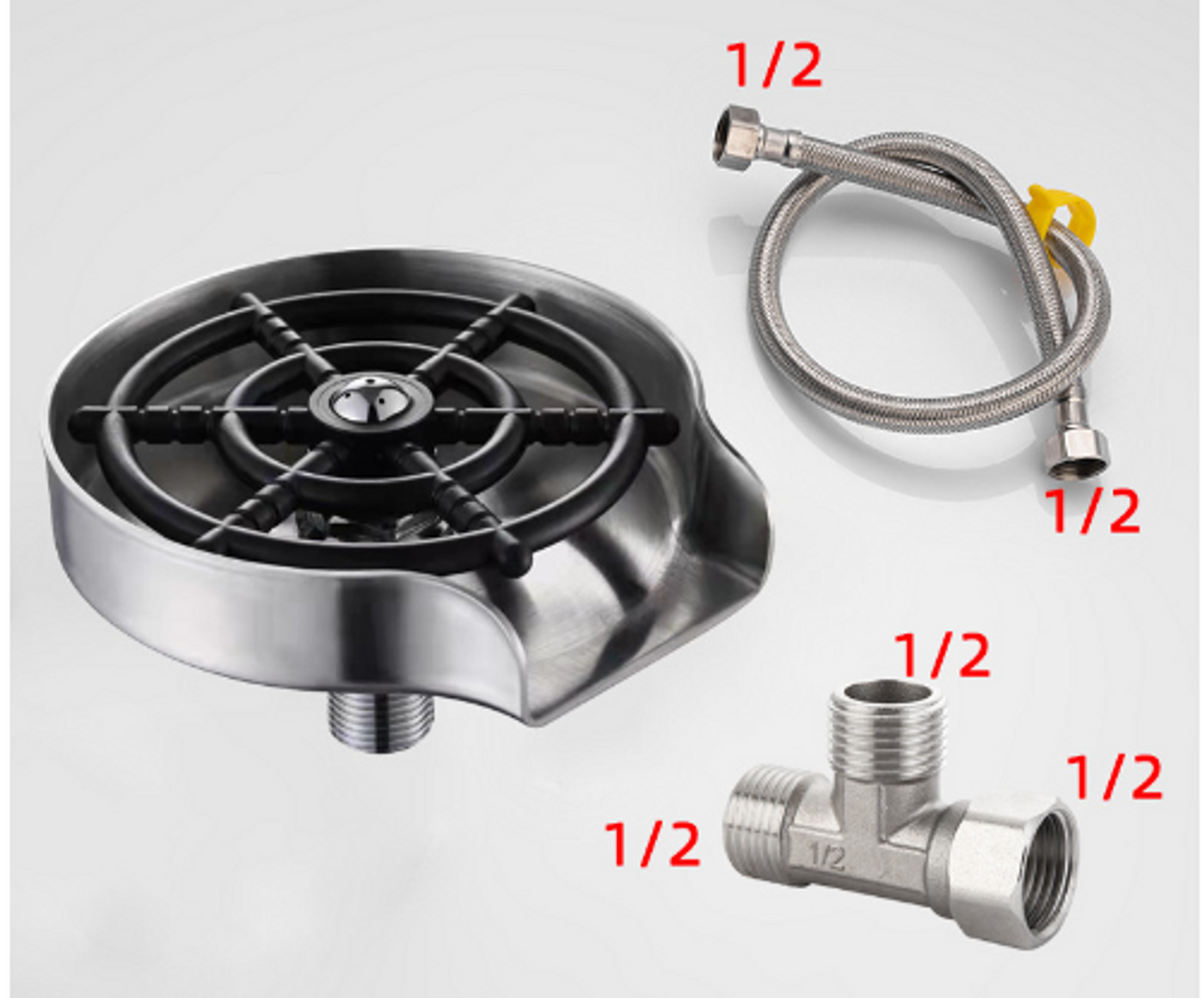 Stainless steel kitchen sink cup washer with metal hose and 1/2 inch fittings for easy installation