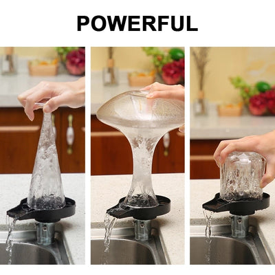 Powerful kitchen sink cup washer cleaning various glass shapes with strong water jets