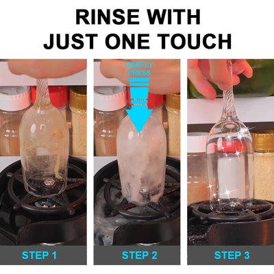 Kitchen sink cup washer rinsing a wine glass with one touch in three cleaning steps