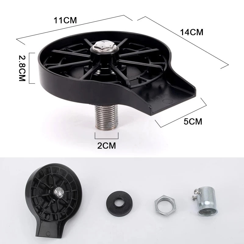 Black kitchen sink cup washer with dimensions and included mounting parts for easy installation